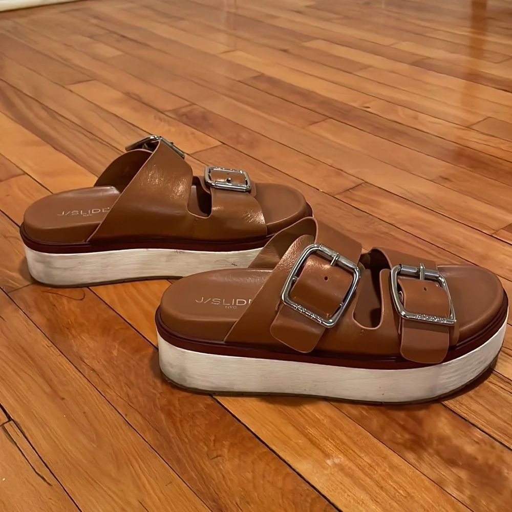J Slides Brown Double Buckle Platform Sandals